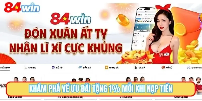 Tặng 1% mỗi khi nạp tiền là ưu đãi hấp dẫn tại 84WIN